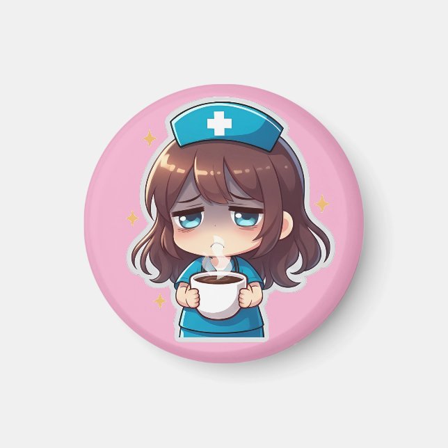 Aimant Infirmière Chibi Originale - Café avec Fatigue (Devant)