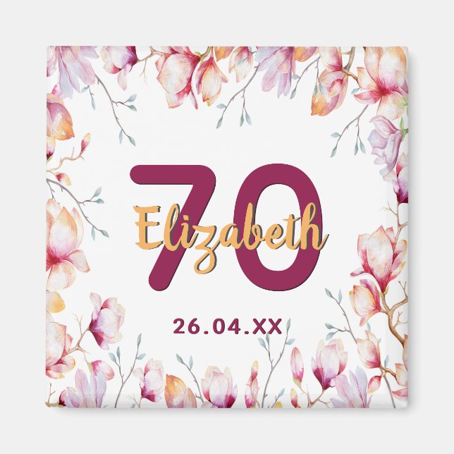 Aimant Invitation anniversaire 70 ans magnolia floral ros (Devant)
