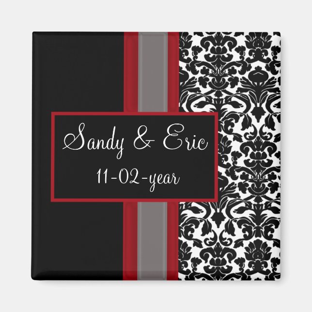 Aimant Invitations Red White Black Mariage damassé (Devant)