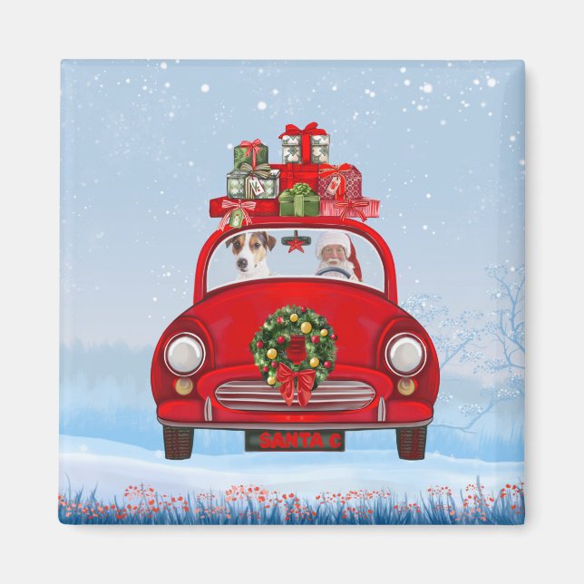 Aimant Jack Russell Chien En Voiture Avec Le Père Noël (Devant)