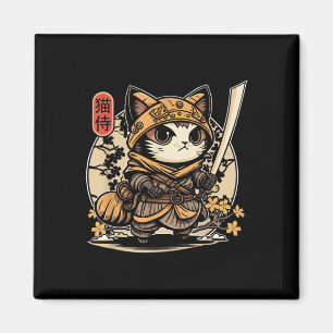 Aimant Japonais Samurai Chat Tattoo, Kawaii Ninja Chat _3