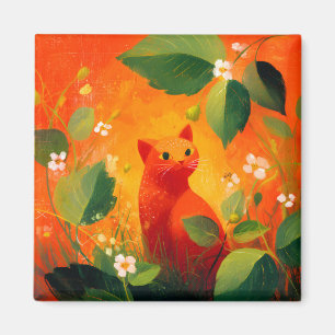 Aimant Jardin de fleurs sauvages au chat rouge fantaisist