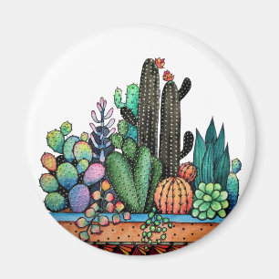 Aimant Jardin mignon de cactus d'aquarelle dans le pot