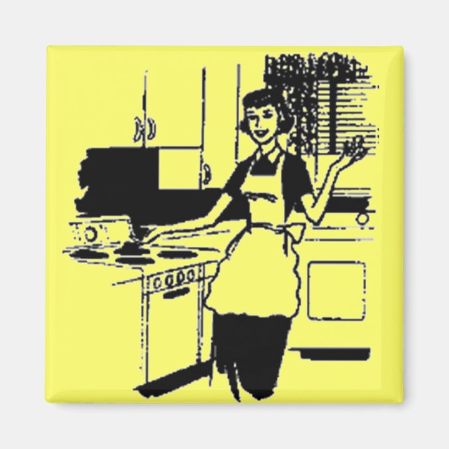 Aimant Jaune Retro 50's Femme au foyer dans la cuisine (Devant)
