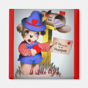 Aimant Je t'aime chiot vintage mignon de Saint-Valentin