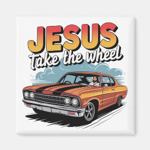Aimant Jésus prend la voiture Vintage de roue