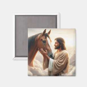 Aimant Jésus réconfortant un cheval au ciel