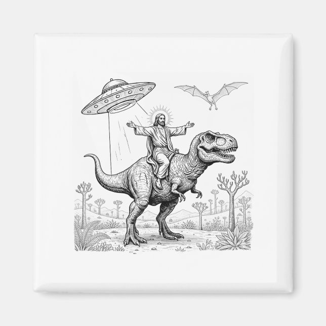 Aimant Jesus Riding Dinosaur T-rex Ufo Hunting Alien Sci- (Devant)