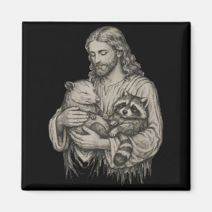 Aimant Jésus tenant un opossum et un raton laveur chrétie