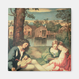 Aimant Jeune avec guitare et deux filles assises