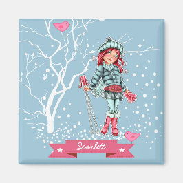 Aimant Jeune fille skieuse | Nom personnalisé Cadeau de N