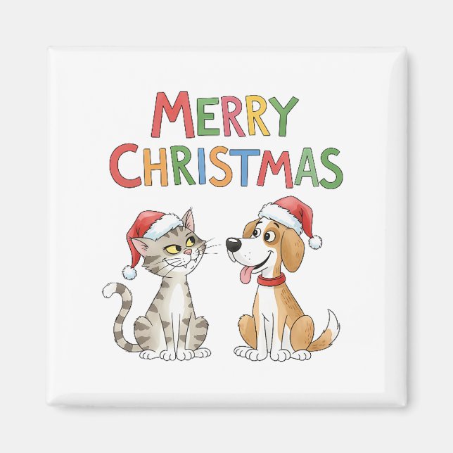 Aimant Joli chat de Noël et chien avec chapeau de Père No (Devant)
