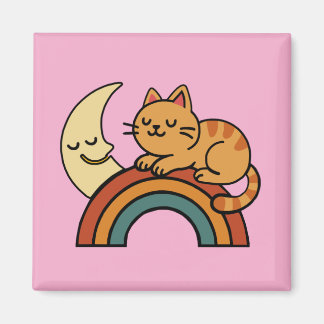 Aimant Joli Chat Endormi sur un Arc-en-Ciel avec la Lune