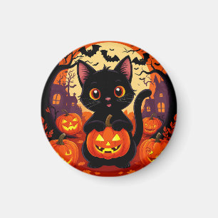 Aimant Joli chat noir avec des citrouilles d'Halloween