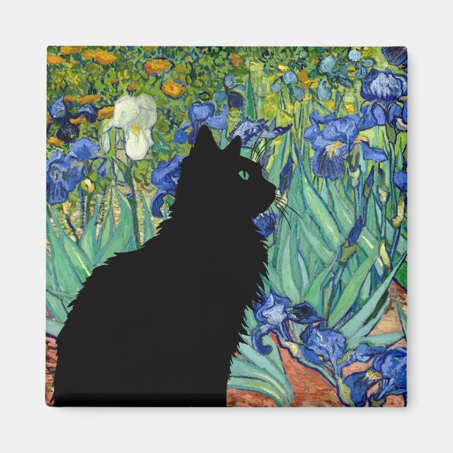 Aimant Joli chat noir dans le champ Irises sur Frig Magne (Devant)