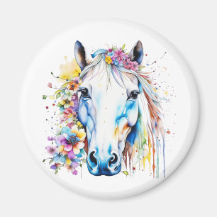 Aimant Joli Cheval Blanc Floral Personnalisé 