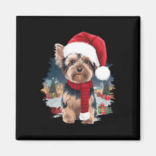 Aimant Joli Chien Yorkie Noël Père Noël Chapeau Écharpe H