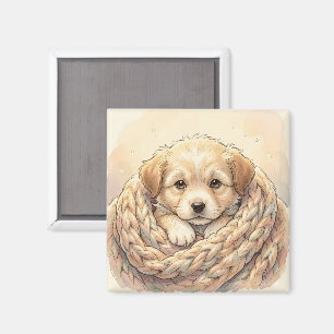 Aimant Joli chiot enveloppé dans une couverture tricotée