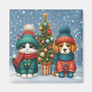 Aimant Joli chiot et petit chat de Noël