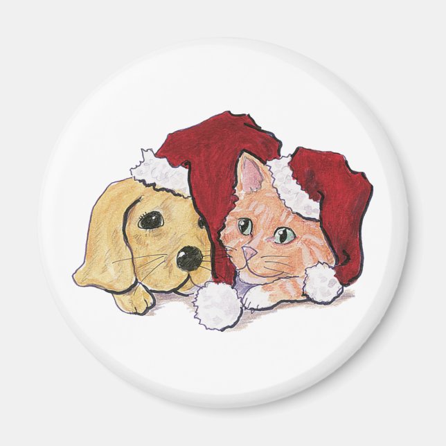 Aimant Joli Christmas Labrador Puppy et Orange Tabby (Devant)