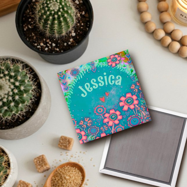 Aimant Joli Fleurs Roses Personnalisé Turquoise Inspirivi (Créateur téléchargé)