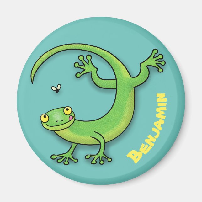 Aimant Joli gecko vert salutations avec dessin animé (Devant)
