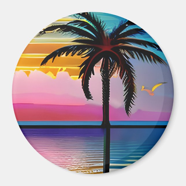 Aimant Joli palmier tropical et coucher de soleil violet (Devant)