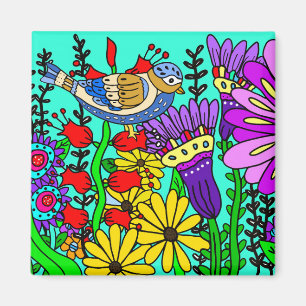 Aimant Joli style d'art populaire coloré avec oiseau et f