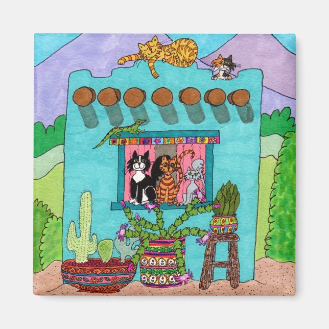 Aimant Joli Taos Aqua Adobe House Chats Whimsical (Devant)