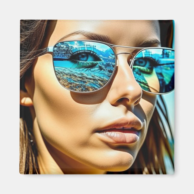 Aimant Jolie femme avec réflexion sur les lunettes de sol (Devant)