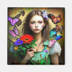 Aimant Jolie Fille avec Fleurs Rouges et Papillons