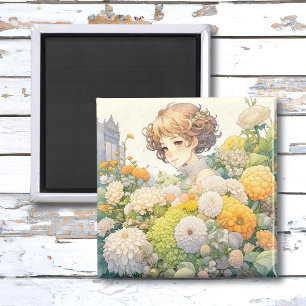Aimant Jolie fille d'anime dans des fleurs jaunes et blan