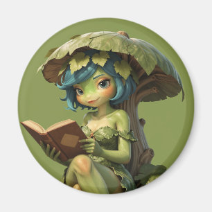 Aimant Jolie Fille Grenouille Lisant un Livre Sous une Fe