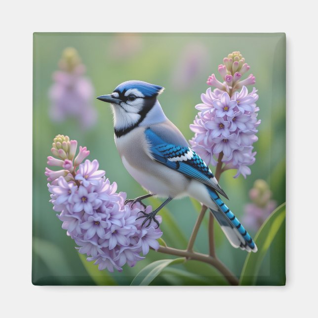 Aimant Jolie Jay Bleue debout sur les Branches Lilac (Devant)