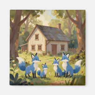 Aimant Jolie maisonnette de famille de renard bleu