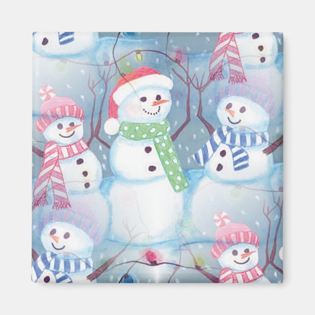 Aimant Jolie saison hivernale Snowmen Aquarelle Art (Devant)