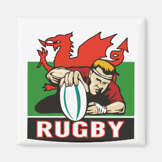 Aimant Joueur de rugby pointant essai drapeau de galles