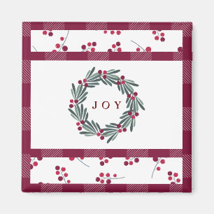 Aimant JOY" Typographie Red Holly Berry Wreath Holiday