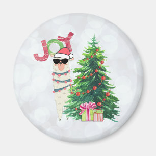 Aimant Joy Typography   Llama de Noël derrière un arbre