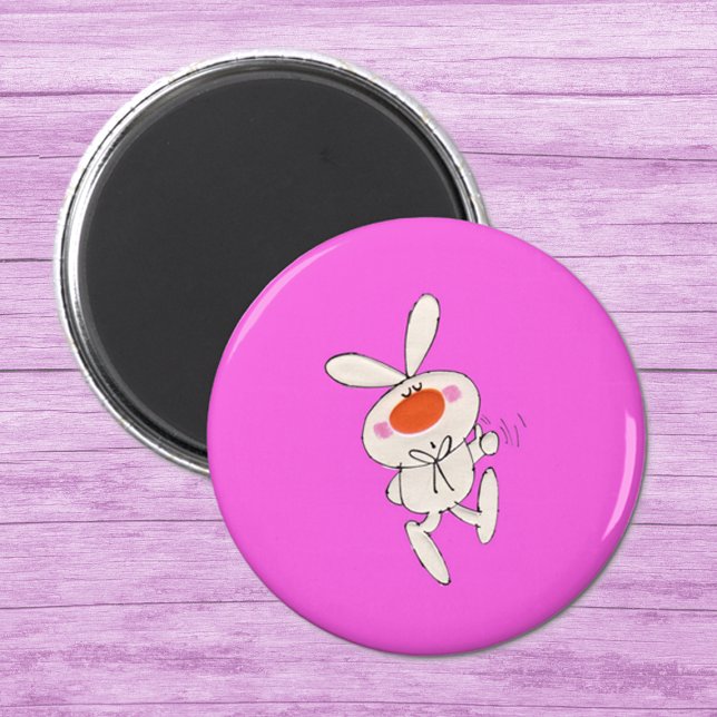 Aimant Joyeuse danse mignonne lapin blanc (Cute cartoon white rabbit big nose thumbs up sign on hot pink round magnet.)