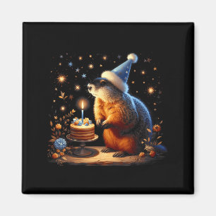 Aimant Joyeuse fête du Jour de la marmotte avec gâteau d'