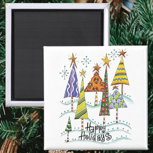 Aimant Joyeuses fêtes ! De beaux arbres de Noël aux étoil