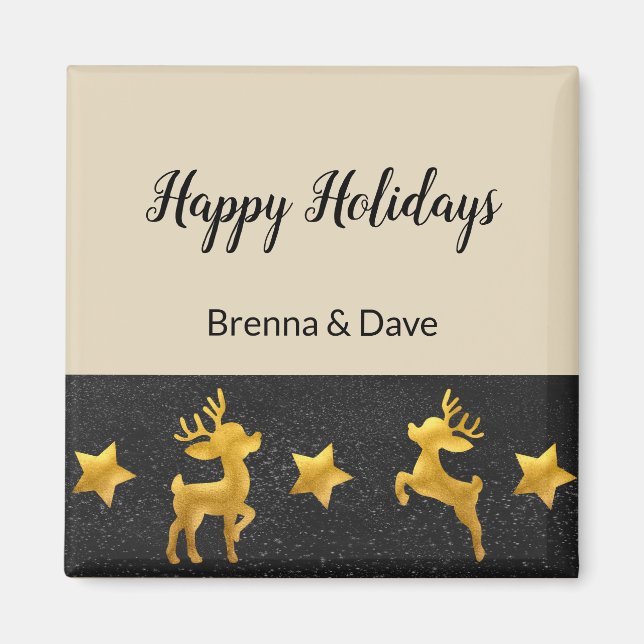 Aimant Joyeuses fêtes personnalisées avec Golden Reindeer (Devant)