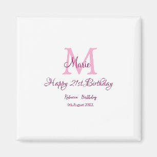 Aimant Joyeux 21e Anniversaire rose ajouter nom monogramm