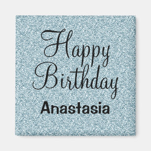 Aimant Joyeux Anniversaire Bleu Argent Paillettes Brillan