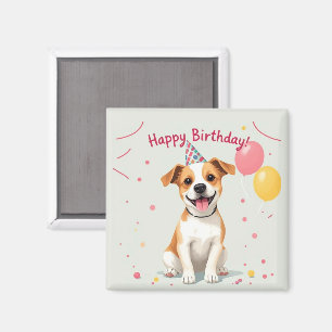 Aimant Joyeux Anniversaire Chien avec Chapeau de Fête & B