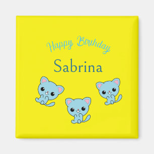 Aimant Joyeux anniversaire mignon chatons bleu bondissant