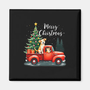 Aimant Joyeux Camion Rouge Noël Avec Chien &amp; Chat Noë