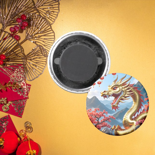 Aimant Joyeux Chinois Nouveau 2024 Golden Dragon Floral (Créateur téléchargé)