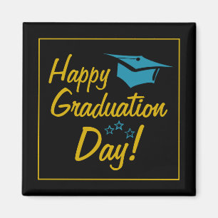 Aimant Joyeux Jour de Graduation Black Gold Blue Script